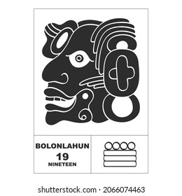Icono vector con números mayas. Glifo de cabeza maya Bolonlahun y símbolo maya número diecinueve