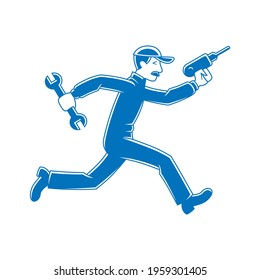 Vector icon of a mechanic, running with tools in his hands, in blue color.