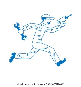 Vector icon of a mechanic, running with tools in his hands, in blue color and outlined. To use like logo or similar thing.