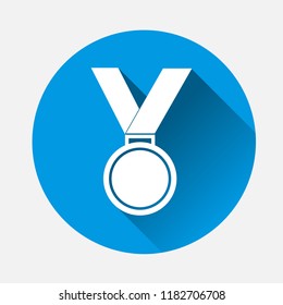  Vector icon medal on blue background.Flat image Medal of Honor, congratulations with long shadow. Layers grouped for easy editing illustration. For your design.