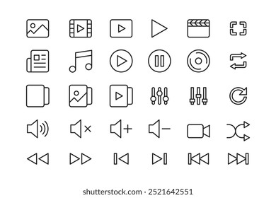 ícone de vetor de vídeo, música e foto do media player. botões reproduzir, pausar, embaralhar, volume