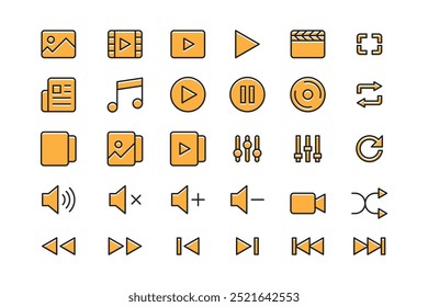 ícone de vetor de vídeo, música e foto do media player. botões reproduzir, pausar, embaralhar, volume