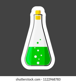 Vector icon of medical pharmaceutical bulb. Flasks for chemical experiments. Laboratory Flask  colored sticker. Layers grouped for easy editing illustration. For your design.