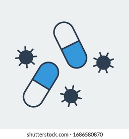 Vector icon of a medical pills surrounded by a dangerous virus bacteria. It represents a concept of medical protection and health safety