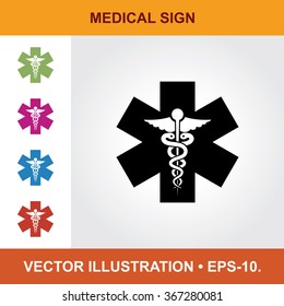 Vector Icon Of Medical Symbol With Title & Small Multicolored Icons. Eps-10.