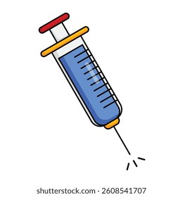 Vector icon of a medical syringe with blue liquid and a fine needle, shown in action. Represents vaccination or medication use. Ideal for health content, apps, and presentations.