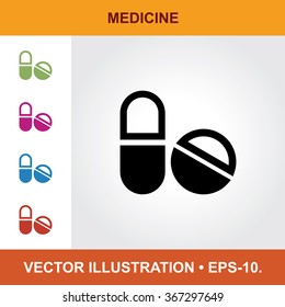 Vector Icon Of Medicines With Title & Small Multicolored Icons. Eps-10.