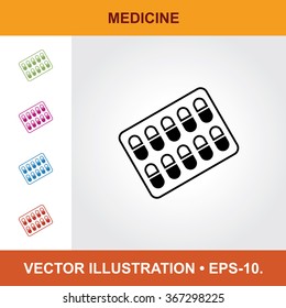 Vector Icon Of Medicines With Title & Small Multicolored Icons. Eps-10.