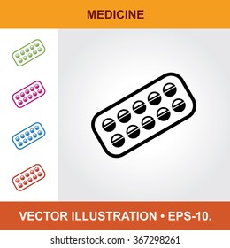 Vector Icon Of Medicines With Title & Small Multicolored Icons. Eps-10.