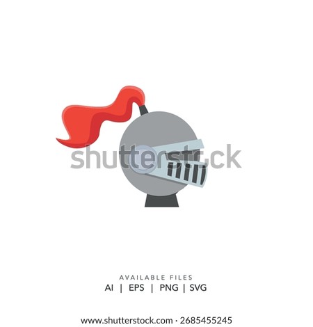 Vector icon of medieval warrior armor with red plume. Simple grey knight helmet esports team emblem