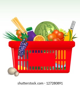 Vector icon of Mediterranean shopping cart: fruits, veggies, herb, juice