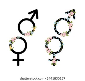 Vector icon of men and women with pattern,pink roses. The design is created for printing, décor, design, websites.