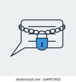 Vector icon with a message shape and a chain with closed lock on it. It represents encrypted messages and data protection