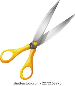 Vector icon metal scissors with yellow handles on transparent background