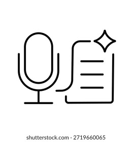 Icono de Vector de un micrófono y líneas de texto con destello, que representa la transcripción de voz a texto impulsada por IA, en estilo de línea con trazo editable