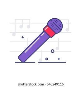 Vector icon of a microphone on white background with notes. Musical instruments and equipment topic.