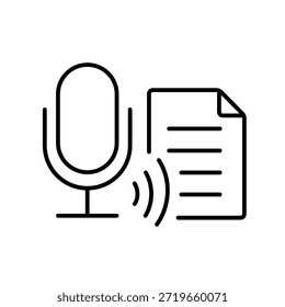 Vector icon of a microphone with sound waves and a document, symbolizing real-time speech transcription using AI, in line style with editable stroke