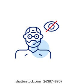 Vector icon of middle-aged man with crossed-out eye, symbolizing hidden identity, private profile, or invisible status. Ideal for social apps, privacy settings, and ui