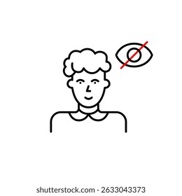 Vector icon of middle-aged woman with crossed-out eye, symbolizing hidden identity, private status, or protected privacy. Ideal for healthcare apps, social platforms, privacy settings