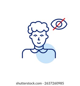 Vector icon of middle-aged woman with crossed-out eye, symbolizing hidden identity, private status, or protected privacy. Ideal for healthcare apps, social platforms, and privacy settings