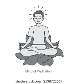 Vector icon for mindful meditation. A person in a lotus pose with aura lines around, symbolizing relaxation, mental clarity, and mindfulness.