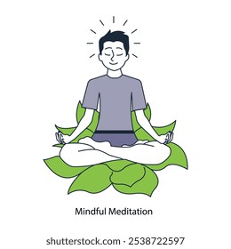 Icono de Vector para la meditación consciente. Una persona en una pose de loto con líneas de aura alrededor, que simbolizan la relajación, la claridad mental y la atención plena.