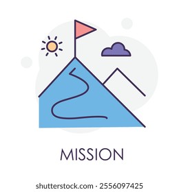  Vector icon for Mission. A flag on top of mountains with a winding path representing achieving goals and success.