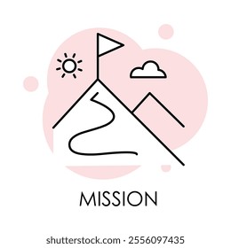 Vector icon for Mission. A flag on top of mountains with a winding path representing achieving goals and success.