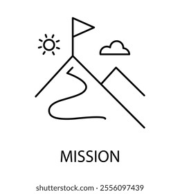  Vector icon for Mission. A flag on top of mountains with a winding path representing achieving goals and success.