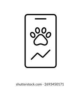 A vector icon of a mobile app with a paw symbol, designed to track pet activities and health, created in line style with editable stroke