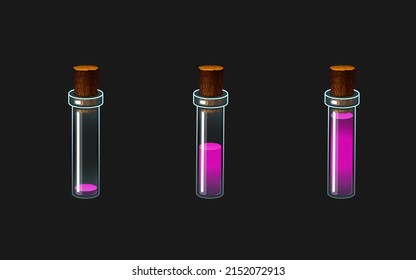 Icono vector para juego móvil o aplicación. Vaso de vidrio con líquido de color. Botella de poción. Matraz químico con una bebida.