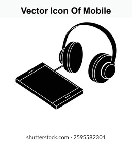 Vector Icon of Mobile Phone with Headphones for Music Listening and Audio Entertepsnment