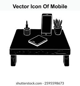 Vector Icon of Mobile Phone on Small Wooden Table with Plant and Candle