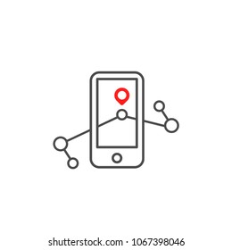 vector icon mobile phone with red location and route points