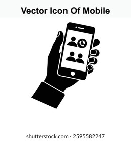 Vector Icon of Mobile Phone Showing Hand Holding Smartphone with Contact List and Phone Icon