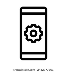 Vector icon of a mobile screen with a gear, representing mobile settings and configuration. Simple black and white design. Editable stroke.