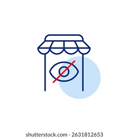 Vector icon of mobile shopping app with crossed-out eye, symbolizing hidden purchases, private browsing, or invisible shopping activity. Ideal for e-commerce apps, privacy, and mobile platforms