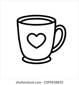 Vector icon of a modern cup decorated with a heart. Mug with a drink on a white background. Cute fashionable dishes with a handle for coffee and tea.
