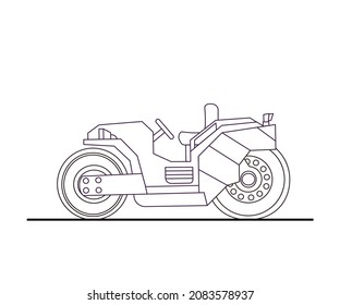 Vector icon a modern mini road roller in linear style, a vehicle for road works, isolated contour drawing on white background.