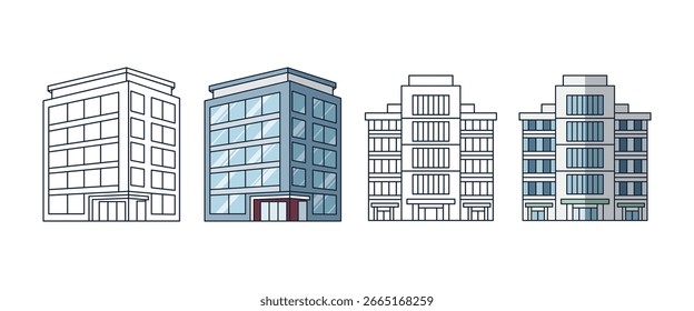 vector icon of a modern office building, simple geometric shapes, clean lines, minimal color palette with transparent background.