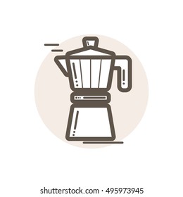 Vector icon of moka pot. Icon is in simple lineart style without coloring. Symbol on brown circular background.
