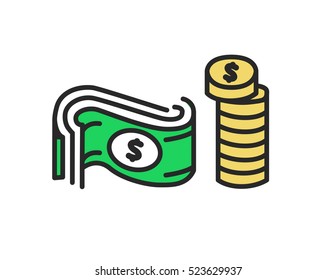 Vector icon of money. Coins and Dollar flat design illustration