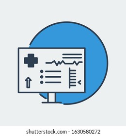 Vector icon of a monitor in hospital with patient condition data the screen. It represents laboratory research, scientific discoveries, development and application of technology in medicine