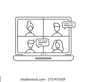 Vector Icon Monoline Online Meeting Via Group Call. Four People In Video Chat. Coleagues In Video Conference At Office Or Home. Concept Freelance, Remote Work, Teleworking, Conference Call