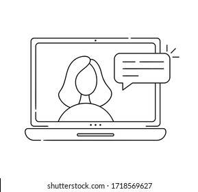 Vector Icon Monoline Online Meeting Via Group Call. Woman In Video Chat. Coleagues In Video Conference At Office Or Home. Concept Freelance, Remote Work, Teleworking, Conference Call, Quarantine.