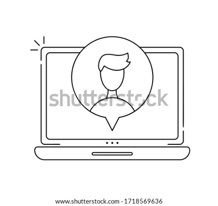 Vector icon monoline online meeting via group call. Man in video chat. Coleagues in video conference at office or home. concept freelance, remote work, teleworking, Conference call, quarantine.