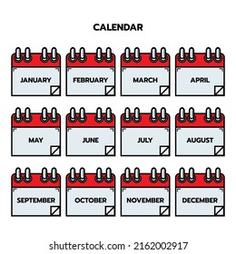 Vector icon months of year pages calendar. January, February, March, April, May, June, July, August, September, October, November and December page. Date day of month icon illustration flat style.