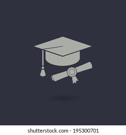 Vector icon of mortarboard or graduation cap and diploma with bow for business or education