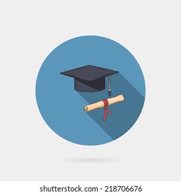 Vector icon of mortarboard or graduation cap and diploma on a blue circle isolated on white background education knowledge