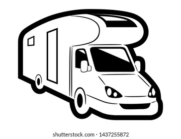 Vector icon of a motor home, black and white, in a graphic style very simple, to use like a logo, design element or similar thing.